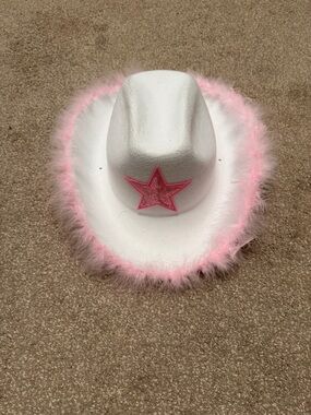 White Cowboy Hat with Pink Feather Trim and Pink Star Accent
